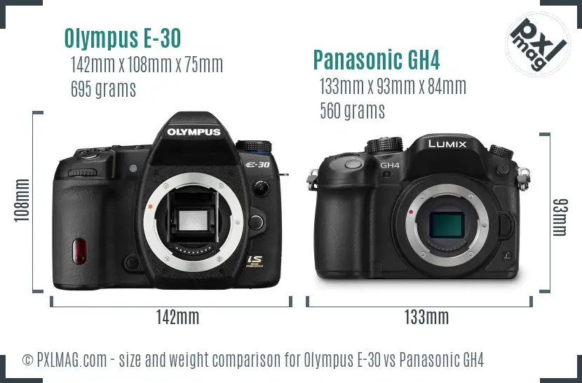 Olympus E-30 vs Panasonic GH4 size comparison