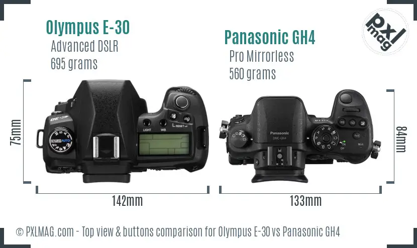 Olympus E-30 vs Panasonic GH4 top view buttons comparison