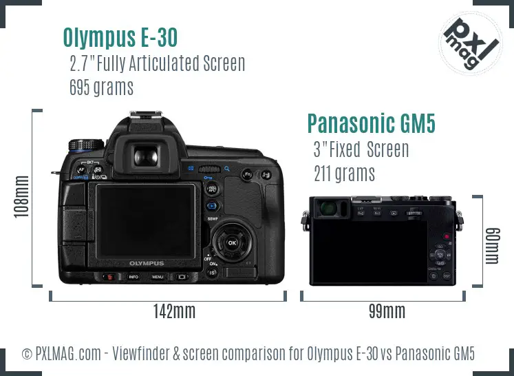 Olympus E-30 vs Panasonic GM5 Screen and Viewfinder comparison