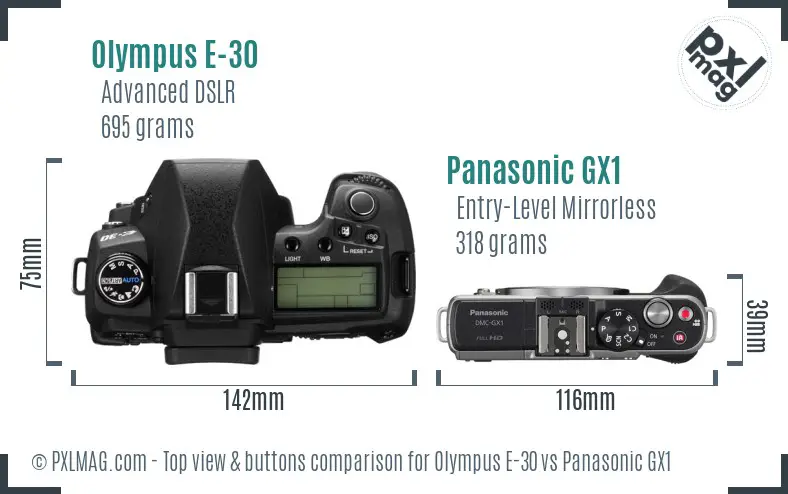 Olympus E-30 vs Panasonic GX1 top view buttons comparison