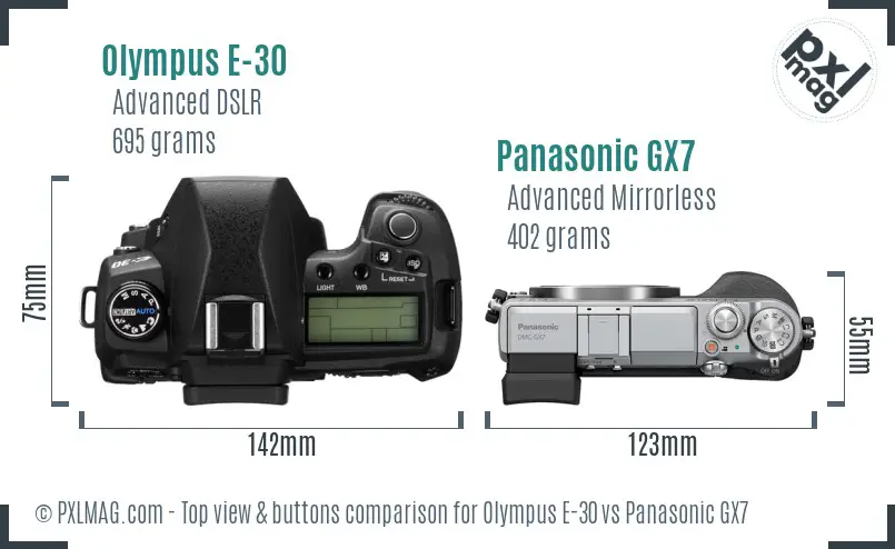 Olympus E-30 vs Panasonic GX7 top view buttons comparison