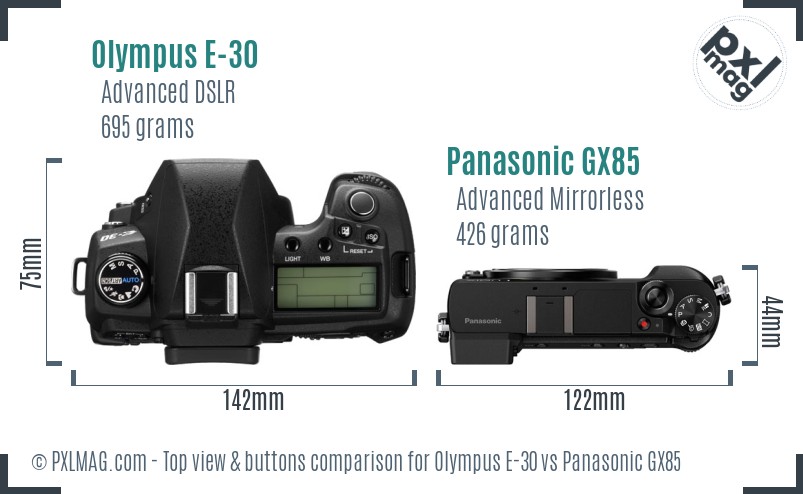 Olympus E-30 vs Panasonic GX85 top view buttons comparison