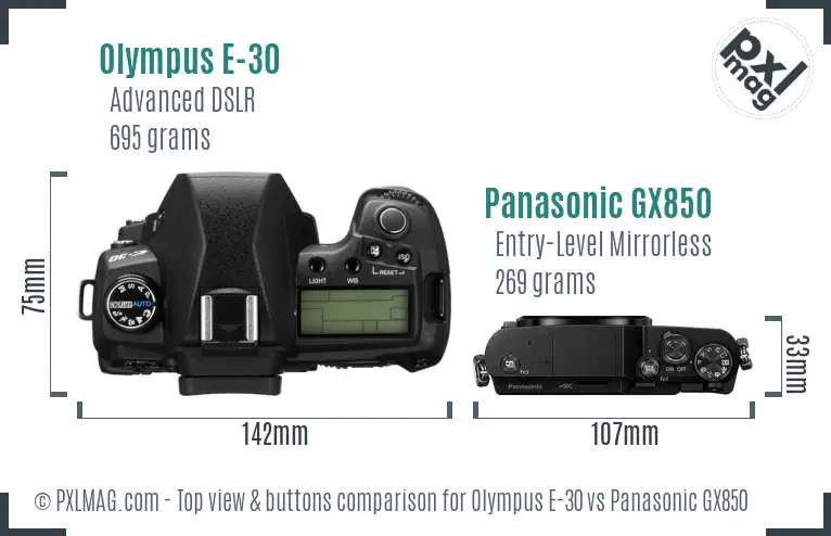 Olympus E-30 vs Panasonic GX850 top view buttons comparison