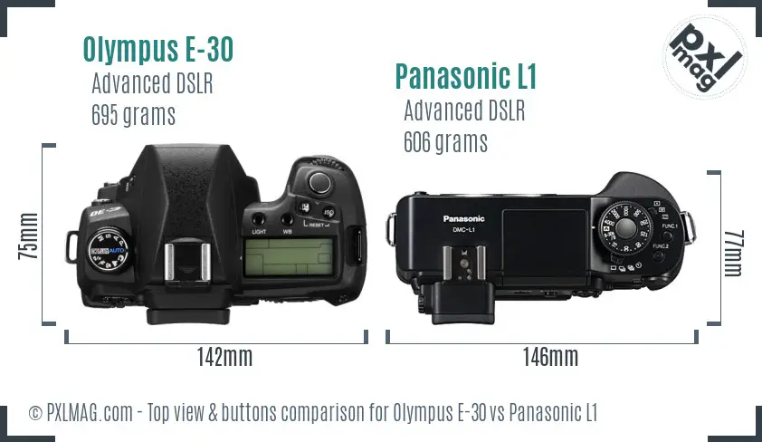 Olympus E-30 vs Panasonic L1 top view buttons comparison