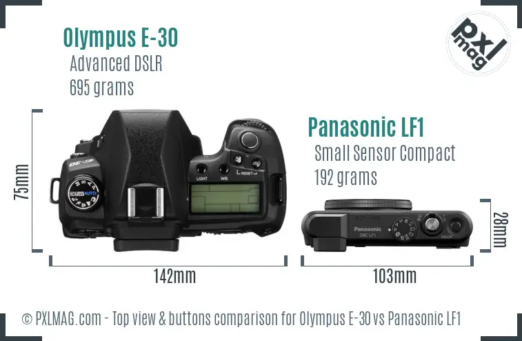 Olympus E-30 vs Panasonic LF1 top view buttons comparison