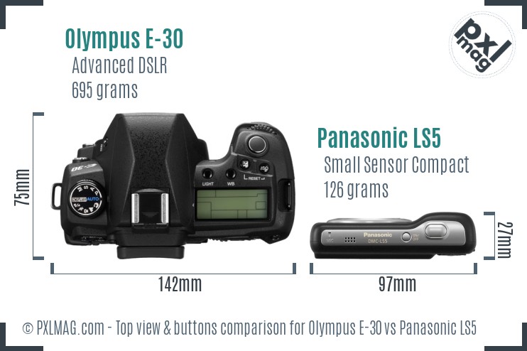 Olympus E-30 vs Panasonic LS5 top view buttons comparison