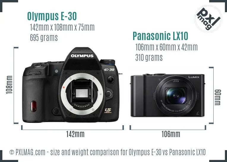 Olympus E-30 vs Panasonic LX10 size comparison Olympus E-30 vs Panasonic LX10 size comparison