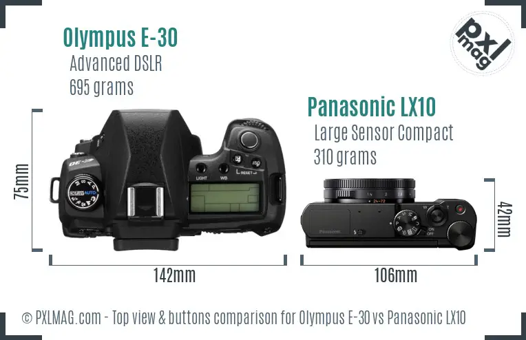 Olympus E-30 vs Panasonic LX10 top view buttons comparison Olympus E-30 vs Panasonic LX10 top view buttons comparison