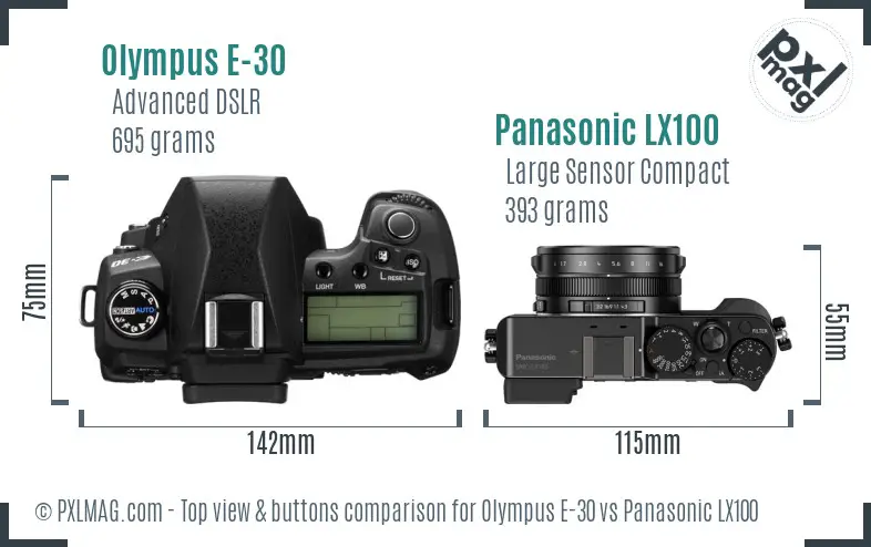 Olympus E-30 vs Panasonic LX100 top view buttons comparison