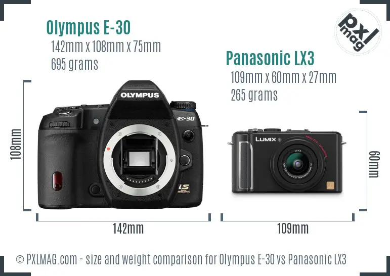 Olympus E-30 vs Panasonic LX3 size comparison