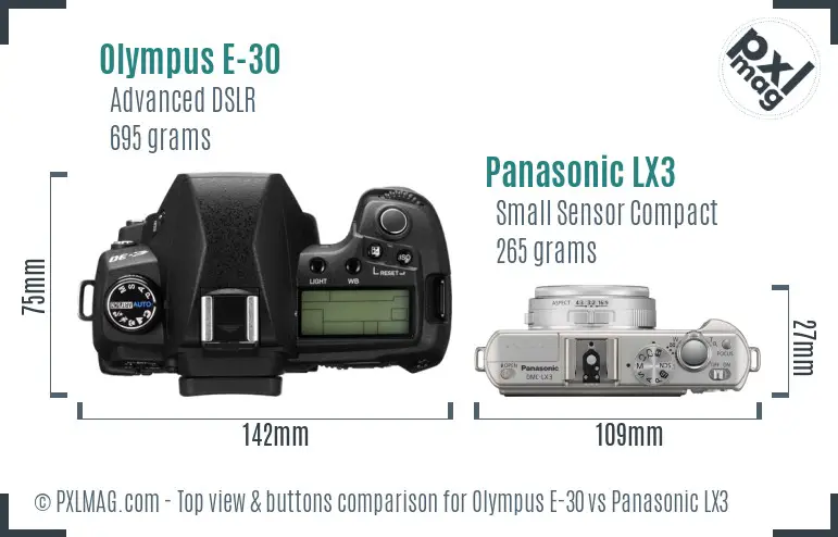 Olympus E-30 vs Panasonic LX3 top view buttons comparison