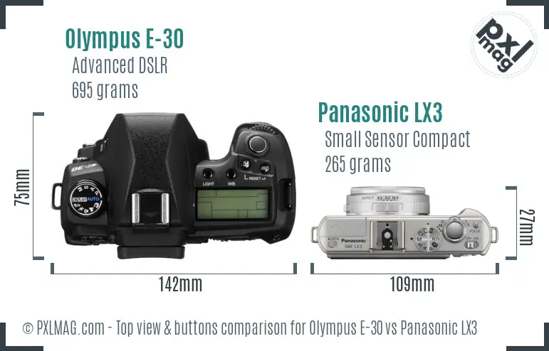 Olympus E-30 vs Panasonic LX3 top view buttons comparison Olympus E-30 vs Panasonic LX3 top view buttons comparison