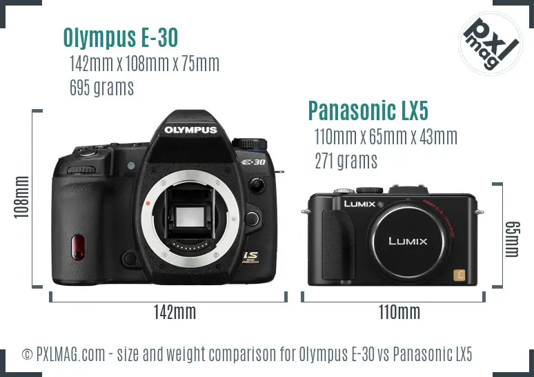 Olympus E-30 vs Panasonic LX5 size comparison