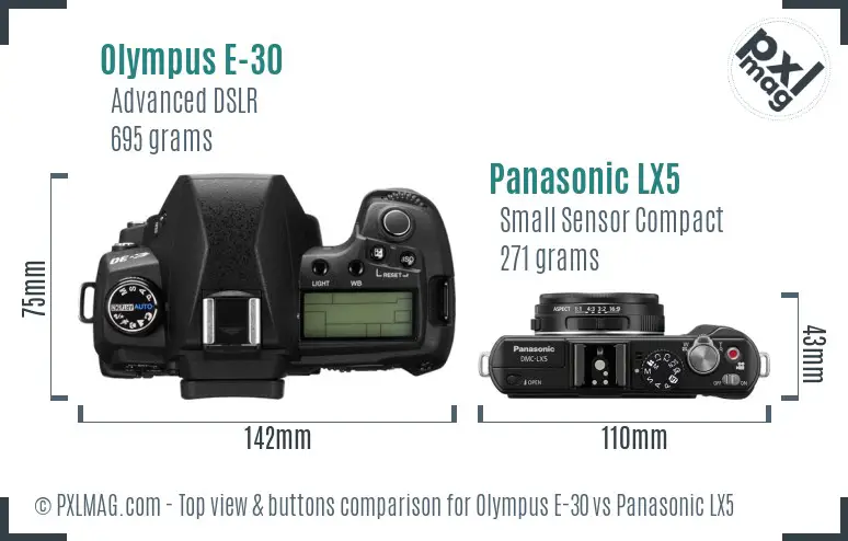 Olympus E-30 vs Panasonic LX5 top view buttons comparison