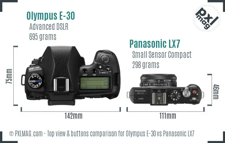 Olympus E-30 vs Panasonic LX7 top view buttons comparison