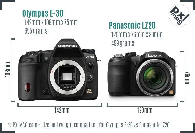 Olympus E-30 vs Panasonic LZ20 size comparison