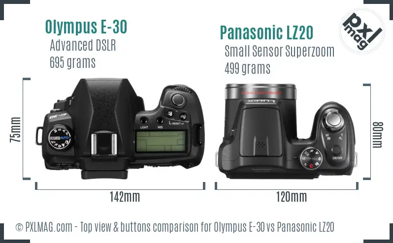 Olympus E-30 vs Panasonic LZ20 top view buttons comparison
