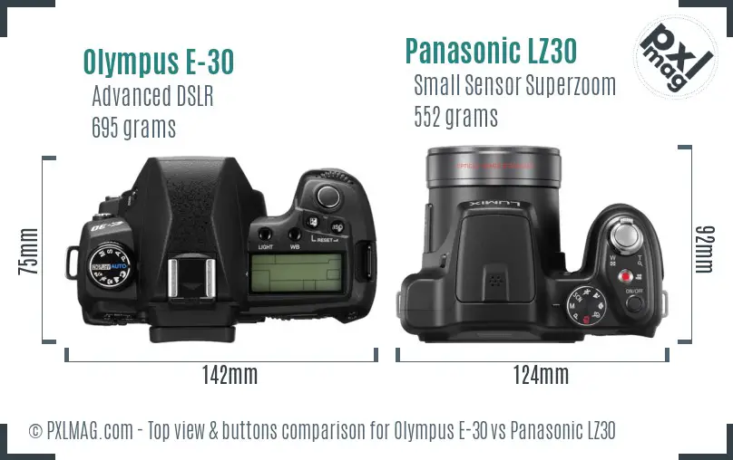 Olympus E-30 vs Panasonic LZ30 top view buttons comparison