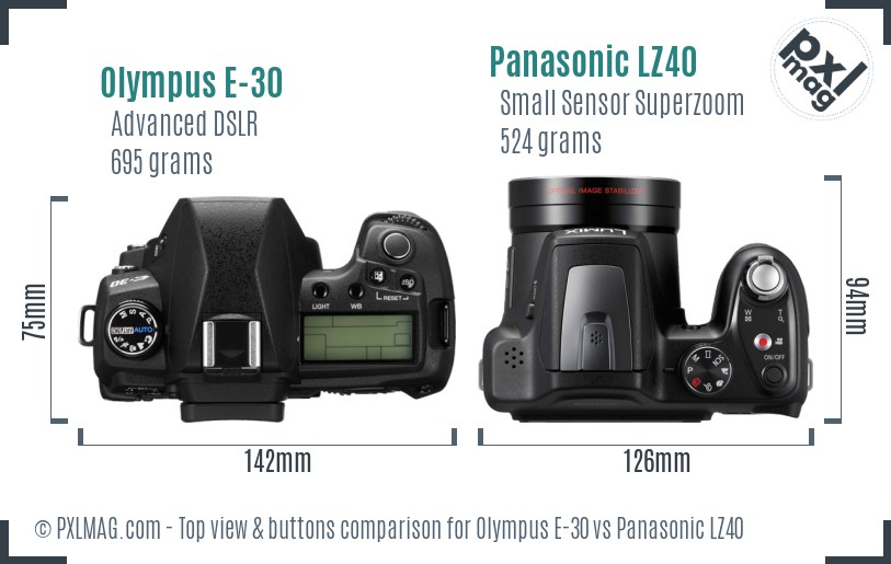 Olympus E-30 vs Panasonic LZ40 top view buttons comparison