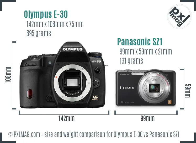 Olympus E-30 vs Panasonic SZ1 size comparison
