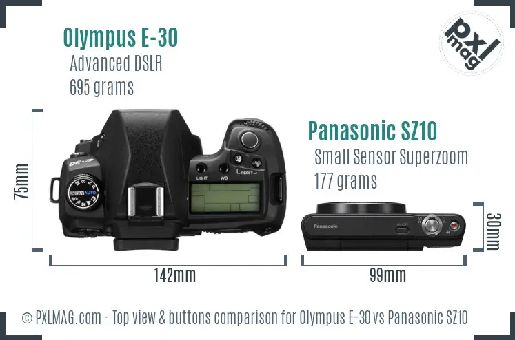 Olympus E-30 vs Panasonic SZ10 top view buttons comparison