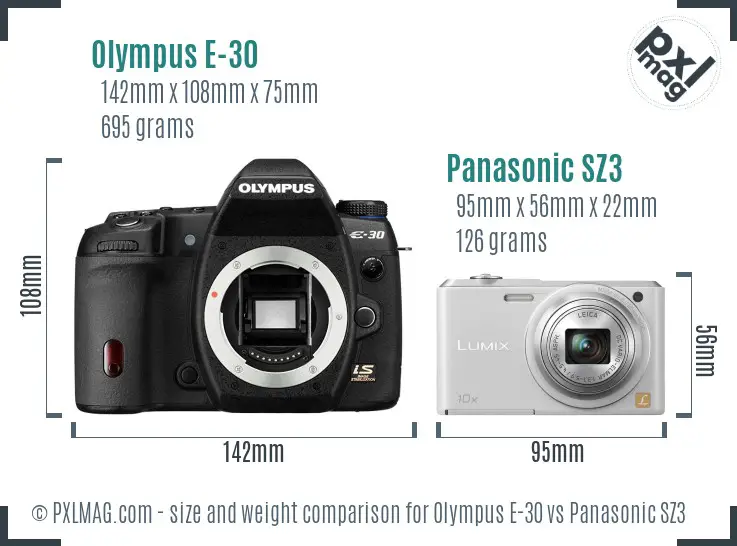 Olympus E-30 vs Panasonic SZ3 size comparison