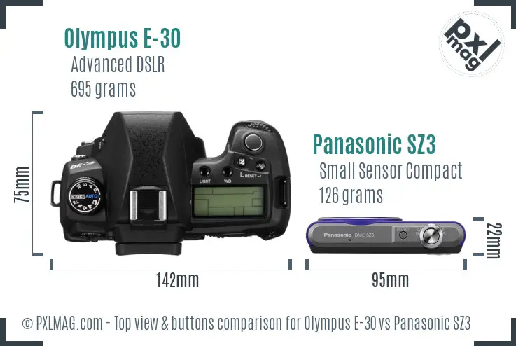 Olympus E-30 vs Panasonic SZ3 top view buttons comparison