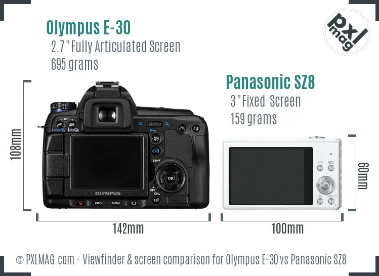 Olympus E-30 vs Panasonic SZ8 Screen and Viewfinder comparison
