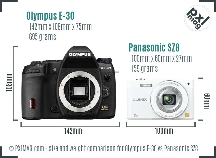 Olympus E-30 vs Panasonic SZ8 size comparison