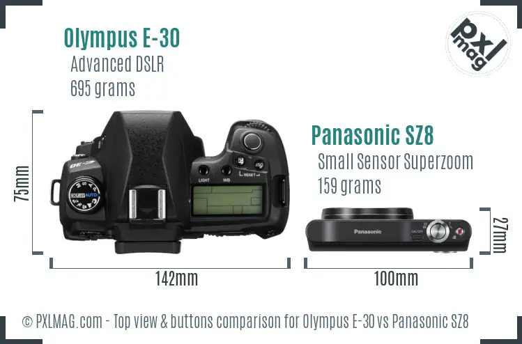 Olympus E-30 vs Panasonic SZ8 top view buttons comparison