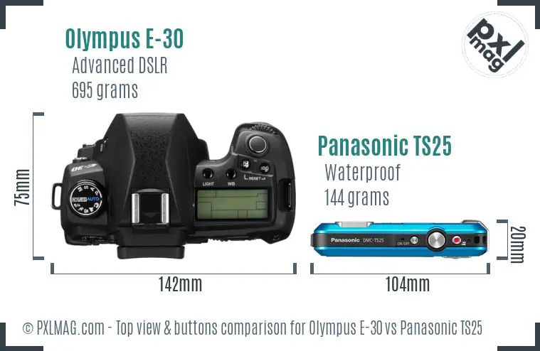 Olympus E-30 vs Panasonic TS25 top view buttons comparison