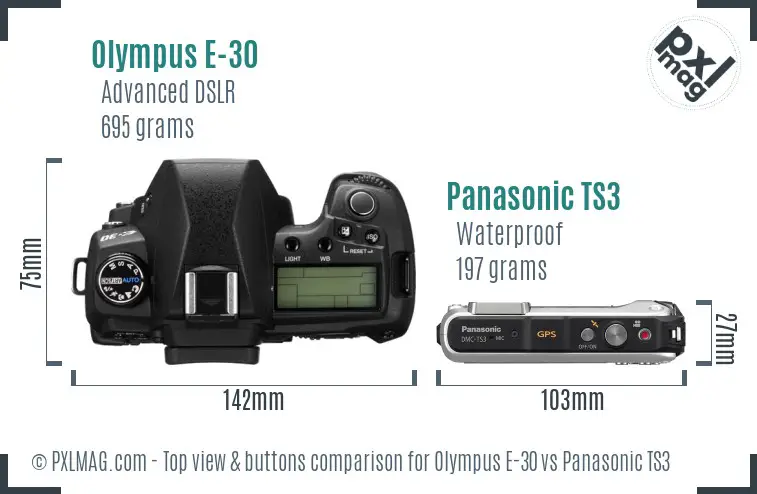 Olympus E-30 vs Panasonic TS3 top view buttons comparison