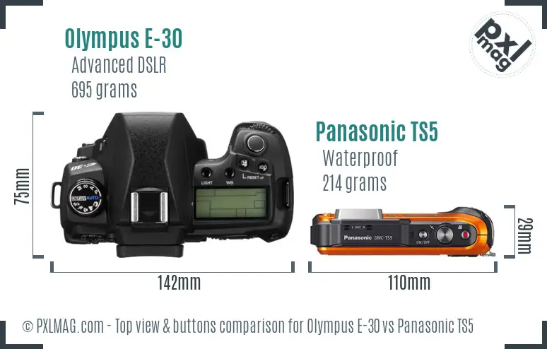 Olympus E-30 vs Panasonic TS5 top view buttons comparison