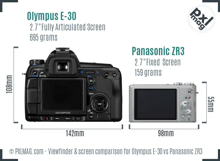 Olympus E-30 vs Panasonic ZR3 Screen and Viewfinder comparison