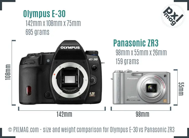 Olympus E-30 vs Panasonic ZR3 size comparison