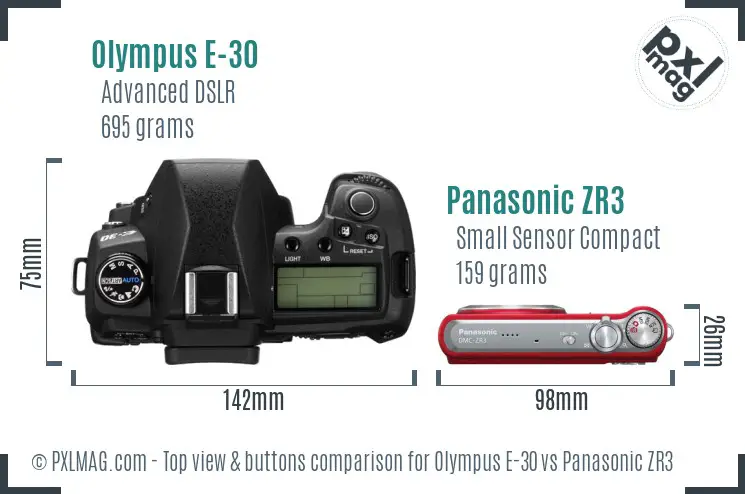Olympus E-30 vs Panasonic ZR3 top view buttons comparison