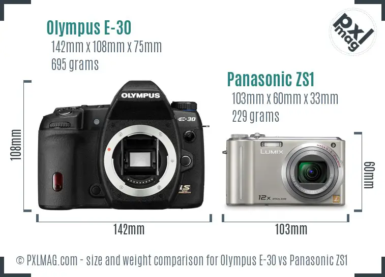 Olympus E-30 vs Panasonic ZS1 size comparison