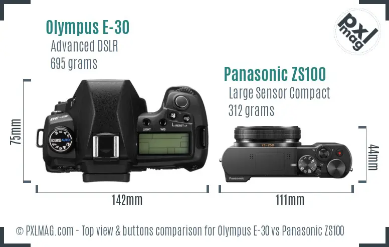 Olympus E-30 vs Panasonic ZS100 top view buttons comparison