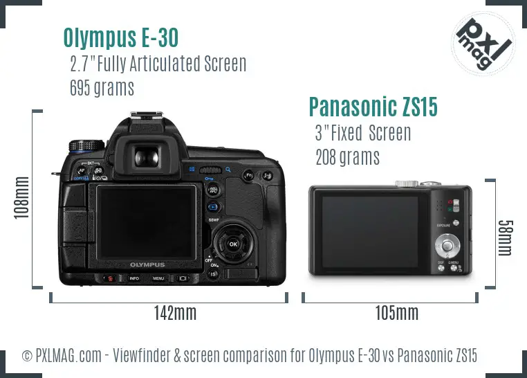 Olympus E-30 vs Panasonic ZS15 Screen and Viewfinder comparison