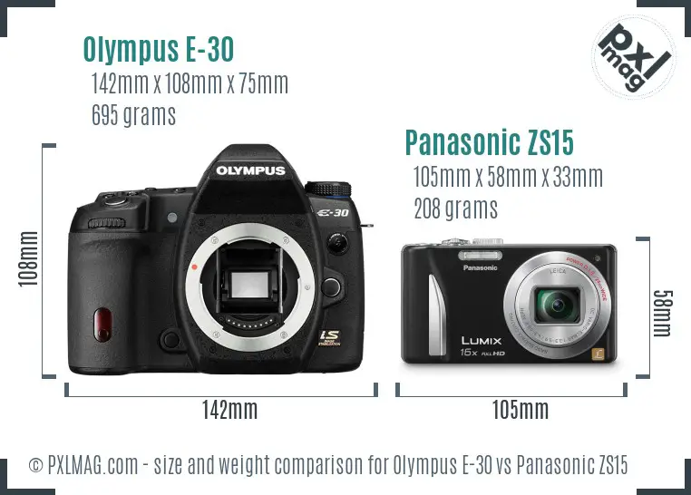 Olympus E-30 vs Panasonic ZS15 size comparison