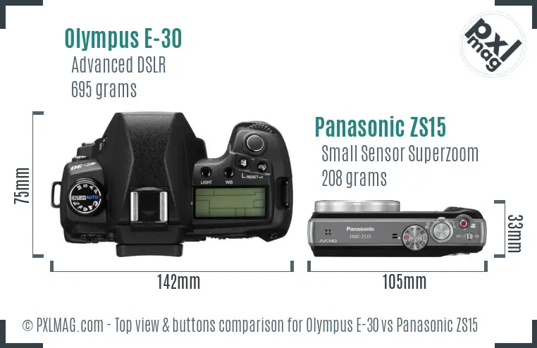 Olympus E-30 vs Panasonic ZS15 top view buttons comparison