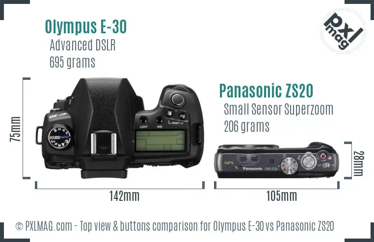 Olympus E-30 vs Panasonic ZS20 top view buttons comparison