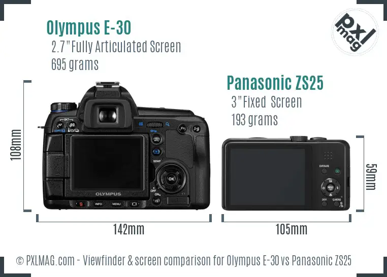 Olympus E-30 vs Panasonic ZS25 Screen and Viewfinder comparison