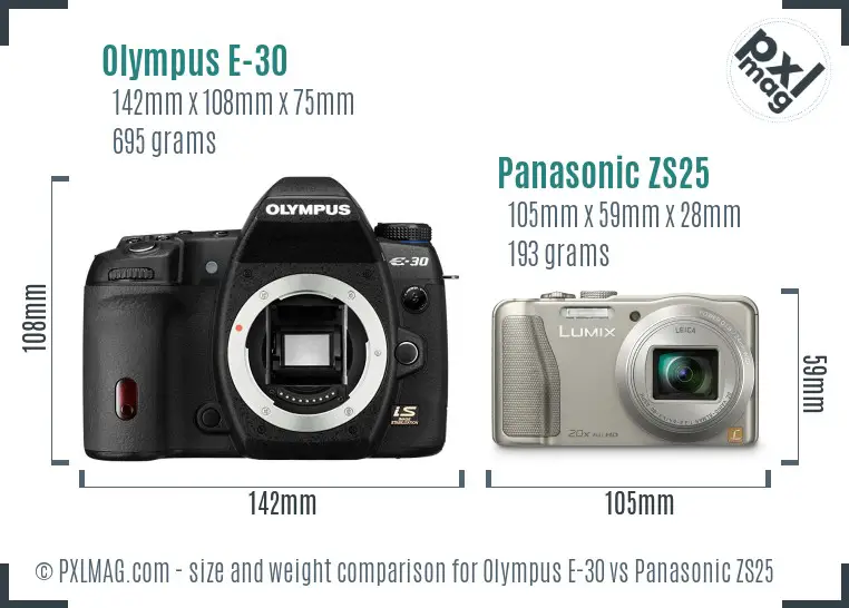 Olympus E-30 vs Panasonic ZS25 size comparison