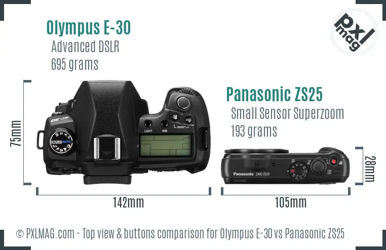 Olympus E-30 vs Panasonic ZS25 top view buttons comparison