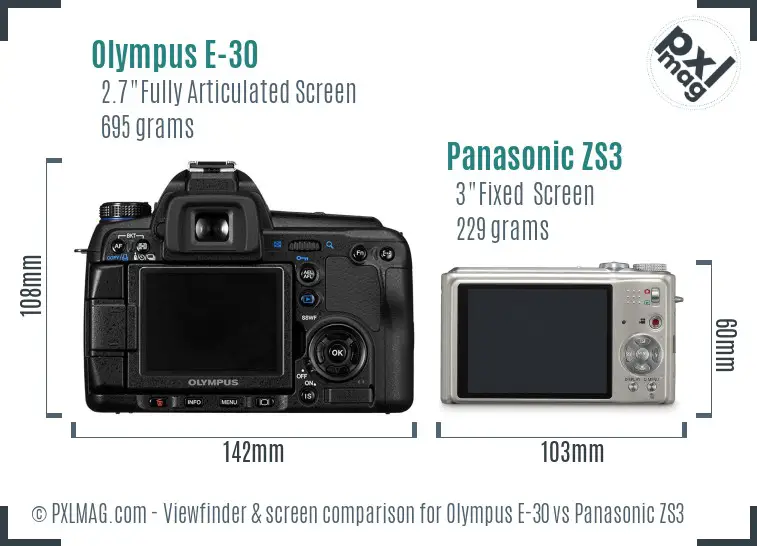 Olympus E-30 vs Panasonic ZS3 Screen and Viewfinder comparison