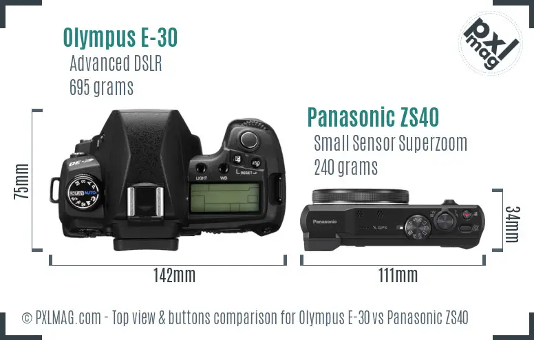 Olympus E-30 vs Panasonic ZS40 top view buttons comparison