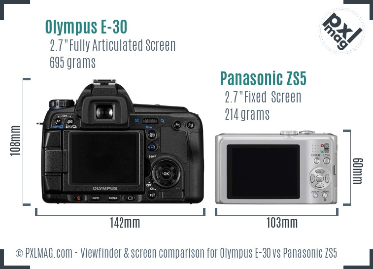 Olympus E-30 vs Panasonic ZS5 Screen and Viewfinder comparison