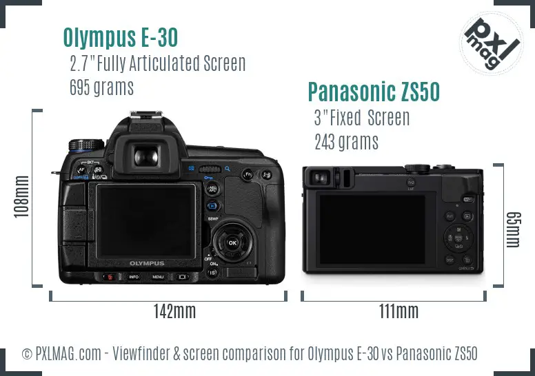 Olympus E-30 vs Panasonic ZS50 Screen and Viewfinder comparison