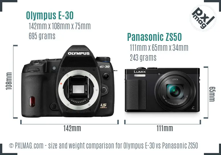 Olympus E-30 vs Panasonic ZS50 size comparison